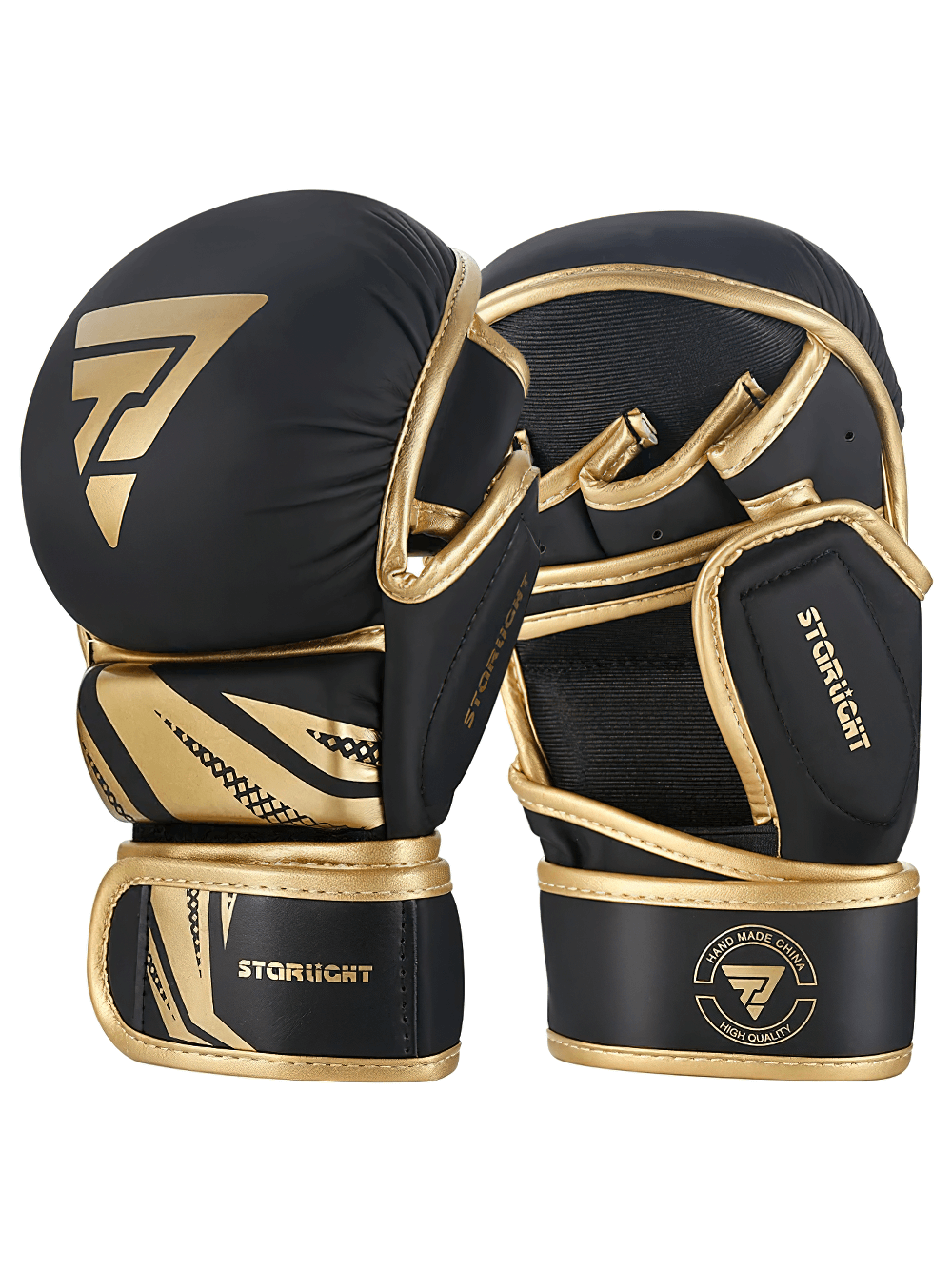 Premium Pro MMA Training Gloves SF2691 with quad-dome padding for boxing, kickboxing, and sparring. Durable black and gold design.